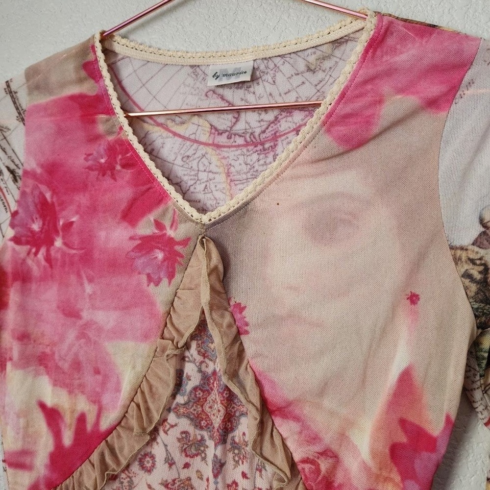 BY MAURICE Vintage Y2K Sheer Mesh Top Renaissance Map Floral Patchwork Print M - Picture 5 of 12